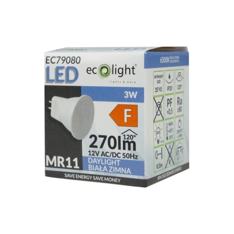 Aktualne biało-niebieskie opakowanie ECO LIGHT EC79080 z oznaczeniami MR11, 3W, 270lm, 6500K i klasy F.