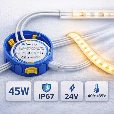 Zasilacz 24V 45W IP67 do puszki dopuszkowy FI60 1,88A Hermetyczny Taśma LED