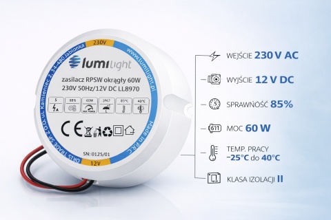 Zasilacz LED 12V 60W 5A IP67 dopuszkowy do puszki Fi60 Taśma LED PREMIUM