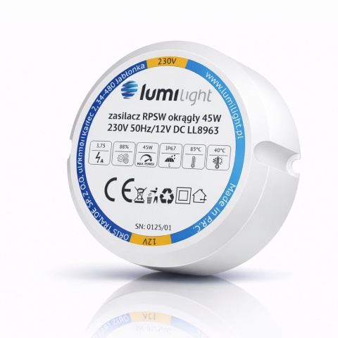 Zasilacz LED 12V DC 45W 3.75A IP67 do puszki dopuszkowy Taśma LED Fi60