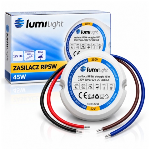 Zasilacz LED 12V DC 45W 3.75A IP67 do puszki dopuszkowy Taśma LED Fi60