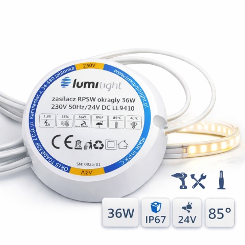 Zasilacz LED 24V 36W 1.5A IP67 Dopuszkowy Do puszki Fi60 Taśma LED PREMIUM