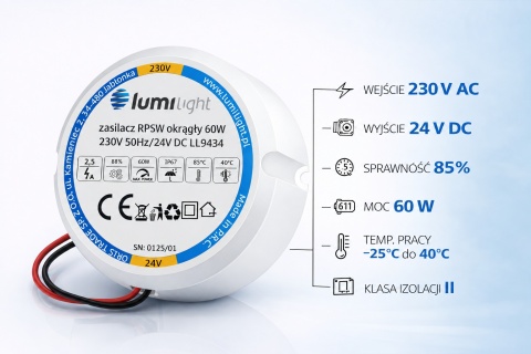 Zasilacz LED 24V 60W 2,5A IP67 dopuszkowy do puszki Fi60 Taśma LED PREMIUM