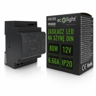 Zasilacz na Szynę DIN 12V 80W 12,5A Premium Modułowy do LED Ecolight Mocny