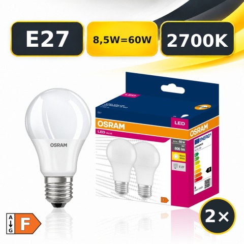 Zestaw 2× żarówka LED E27 OSRAM LED VALUE AC31150 8,5W=60W 806lm 2700K z opakowaniem, klasa F