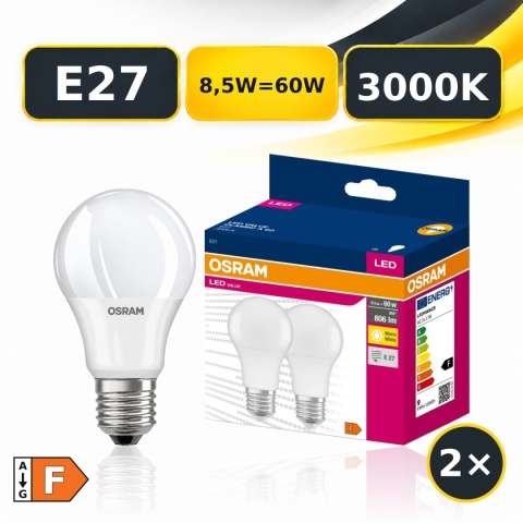 Zestaw 2× żarówka LED E27 OSRAM LED VALUE AC31178 8,5W=60W 806lm 3000K z opakowaniem, klasa F