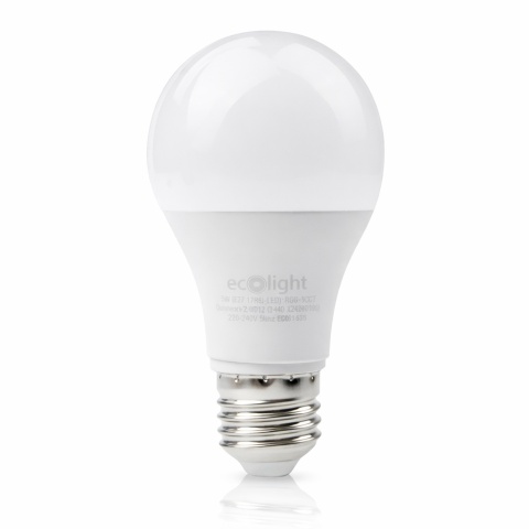 Żarówka LED E27 ECO LIGHT z zestawu EC61838 9W RGB+CCT — czysty widok z odbiciem