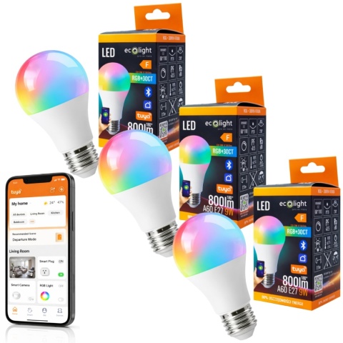Zestaw 3 żarówek LED E27 ECO LIGHT EC61838 9W 800lm RGB+CCT z opakowaniami i przykładowym sterowaniem w telefonie