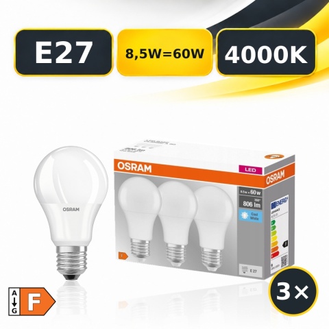 Zestaw 3× żarówka LED E27 OSRAM LED BASE AC31151 8,5W=60W 806lm 4000K z opakowaniem, klasa F