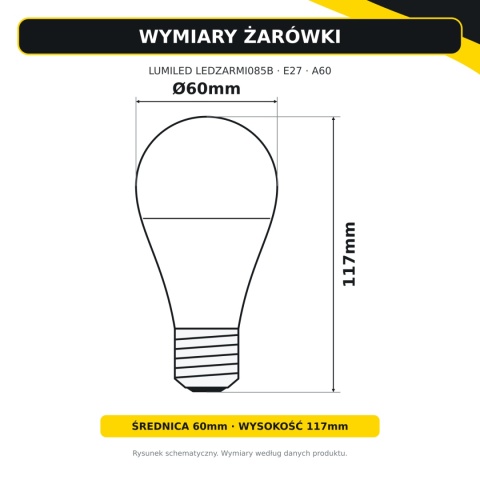Wymiary jednej żarówki z zestawu 6 sztuk LUMILED E27 A60 13W – średnica 60mm, wysokość 117mm