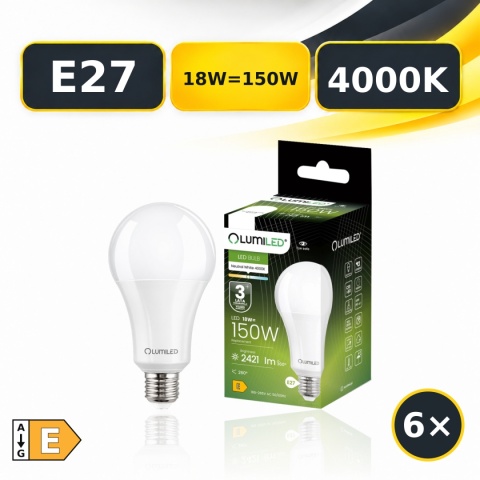 Zestaw 6× żarówka LED E27 LUMILED A70 18W=150W 2421lm 4000K — jedna żarówka z opakowaniem i oznaczeniem 6×, klasa E