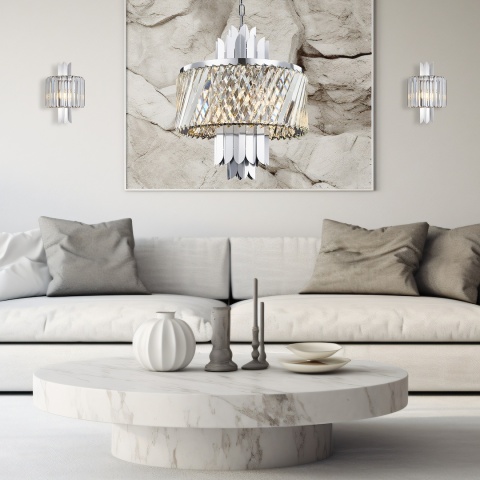 Kinkiety MARGOT CHROME w salonie z lampą wiszącą z tej samej serii