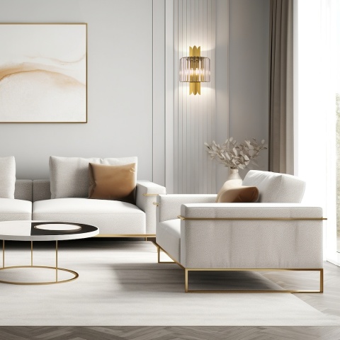 Kinkiet MARGOT GOLD w jasnym salonie przy fotelu