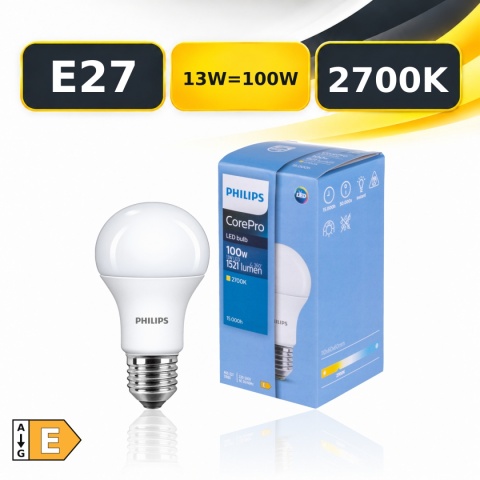 Żarówka LED E27 PHILIPS CorePro A60 13W=100W 1521lm 2700K z opakowaniem, klasa E