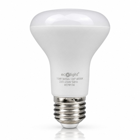 Żarówka reflektorowa LED E27 R63 ECO LIGHT EC79116 10W 4000K z odbiciem na białym tle