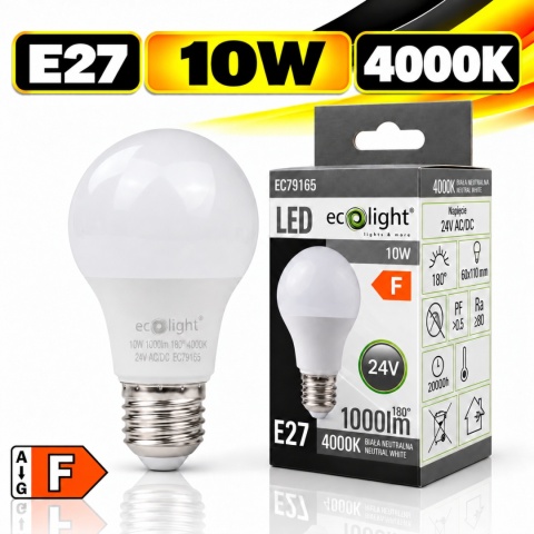 Żarówka LED E27 A60 10W 24V AC/DC 4000K 1000lm ECO LIGHT EC79165 z opakowaniem, klasa F