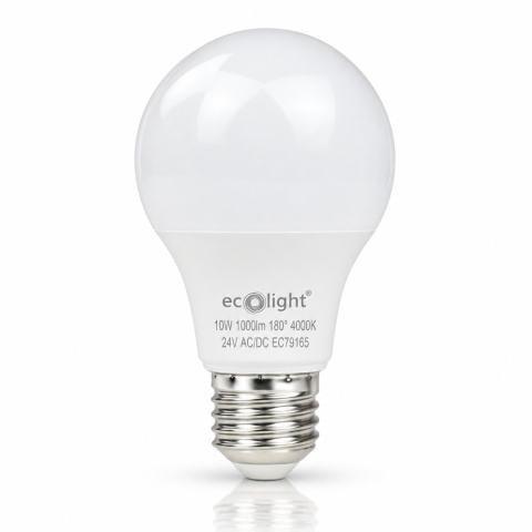 Żarówka LED ECO LIGHT EC79165 E27 A60 10W 24V AC/DC 4000K z odbiciem na białym tle