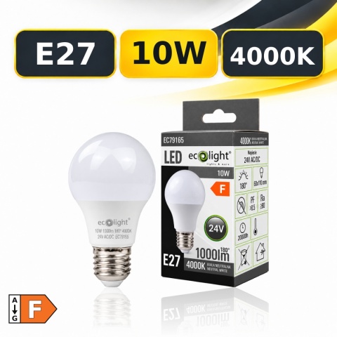 Żarówka LED E27 A60 ECO LIGHT EC79165 10W 24V AC/DC 4000K 1000lm z opakowaniem, klasa F