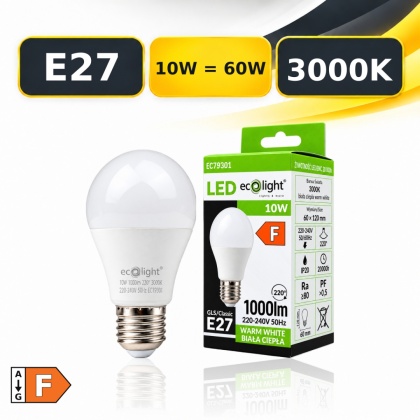 Żarówka LED E27 A60 10W 3000K 1000lm ECO LIGHT EC79301