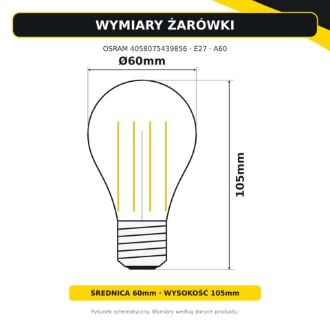 Wymiary żarówki OSRAM E27 A60 4W 2700K: średnica 60mm, wysokość 105mm