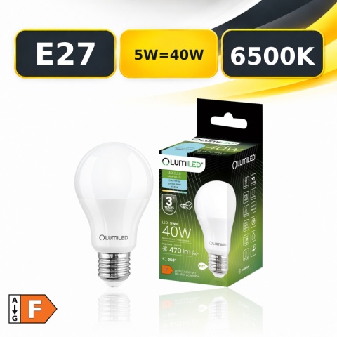 Żarówka LED E27 LUMILED A60 5W=40W 470lm 6500K z opakowaniem, klasa F