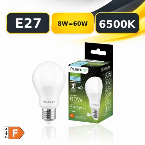 Żarówka LED E27 LUMILED A60 8W=60W 806lm 6500K z opakowaniem, klasa F