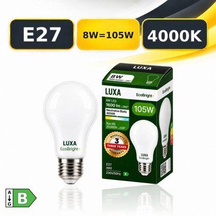 Żarówka LED E27 A60 LUXA EcoBright+ Filament 8W = 105W 1600lm 4000K Mleczna B