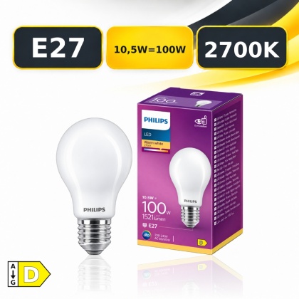 Żarówka LED E27 A60 PHILIPS Classic 10,5W = 100W 1521lm 2700K Mleczna