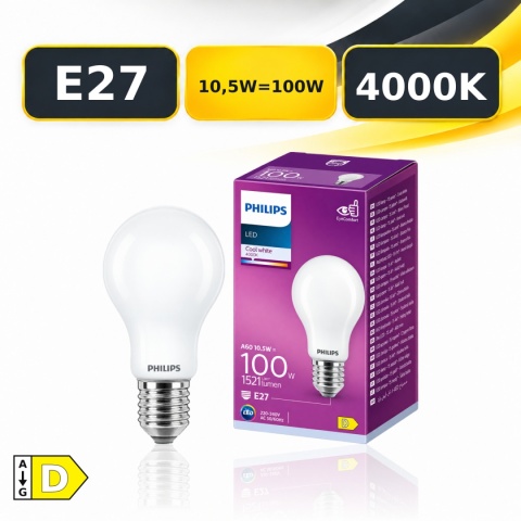 Żarówka LED E27 PHILIPS Classic A60 10,5W=100W 1521lm 4000K z opakowaniem, klasa D