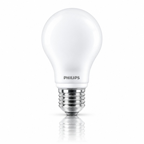 Mleczna żarówka PHILIPS Classic E27 A60 4,5W 2700K — czysty widok z odbiciem premium