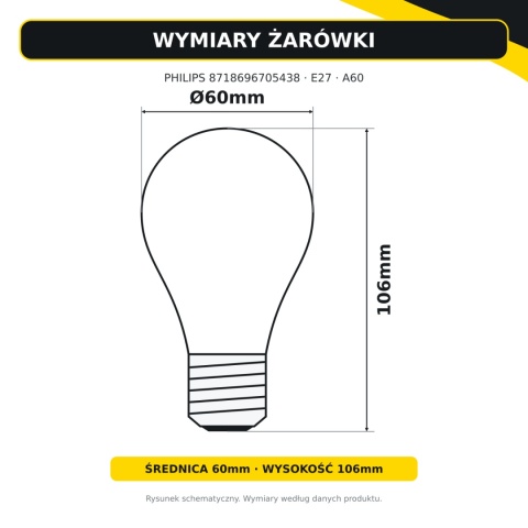 Wymiary żarówki PHILIPS E27 A60 8718696705438 — średnica 60mm, wysokość 106mm