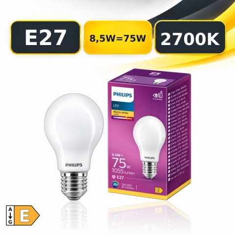 Żarówka LED E27 PHILIPS Classic A60 8,5W=75W 1055lm 2700K z opakowaniem, klasa E