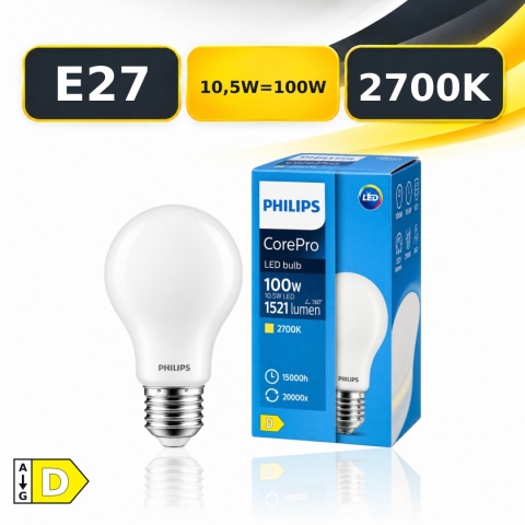 Żarówka LED E27 PHILIPS CorePro A60 10,5W=100W 1521lm 2700K z opakowaniem, klasa D