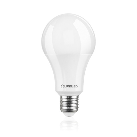 Żarówka LED E27 LUMILED A65 15W 4000K — czysty widok z odbiciem premium