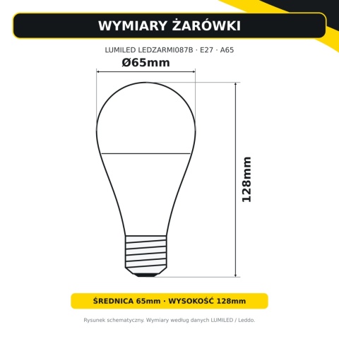 Wymiary żarówki LUMILED A65 — średnica 65mm, wysokość 128mm