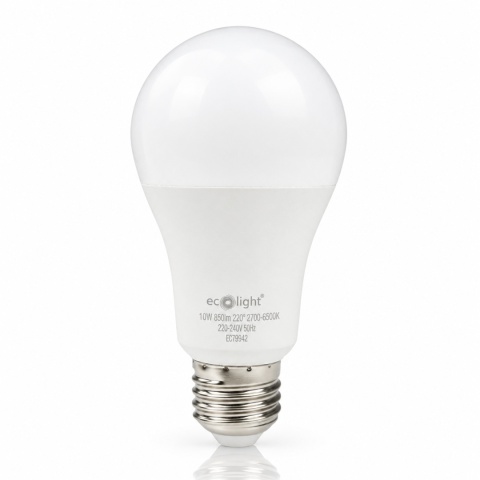 Żarówka LED E27 ECO LIGHT EC79942 10W RGB+CCT — czysty widok z odbiciem premium