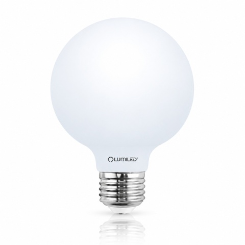 Mleczna żarówka LUMILED E27 G95 8W 3000K – widok z odbiciem