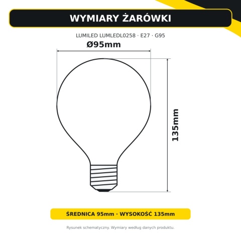 Wymiary LUMILED LUMLEDL0258 E27 G95 – średnica 95mm, wysokość 135mm