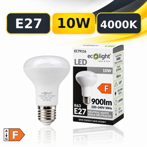 Żarówka LED E27 R63 ECO LIGHT EC79116 10W 4000K 900lm z opakowaniem, klasa F