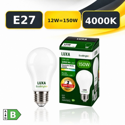 Żarówka LED E27 LUXA EcoBright+ 12W=150W 2452lm 4000K z opakowaniem, klasa B.