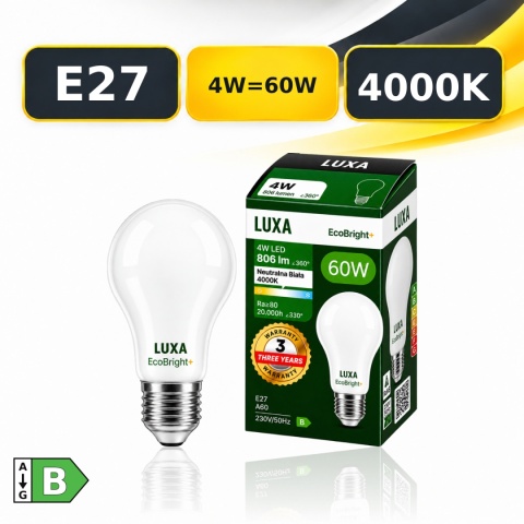 Żarówka LED E27 A60 LUXA EcoBright+ LUX73103 4W = 60W 806lm 4000K z opakowaniem i klasą energetyczną B