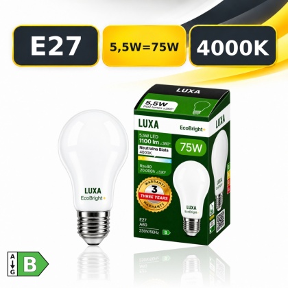 Żarówka LED E27 filament mleczna B A60 5,5W 1100LM = 75W 4000K LUXA EcoBright+