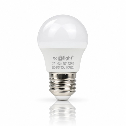Żarówka LED E27 G45 5W 4000K 500lm ECO LIGHT EC79131 z odbiciem na białym tle