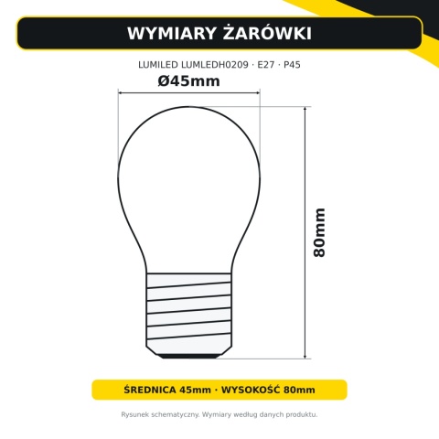 Wymiary żarówki LUMILED E27 P45 7W 3000K: średnica 45mm, wysokość 80mm