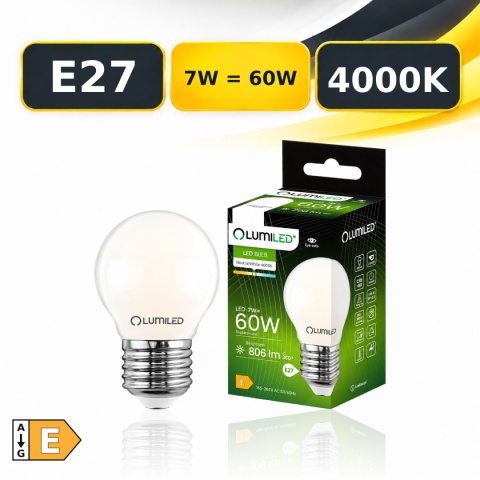 LUMILED E27 P45 7W = 60W 806lm 4000K, wizualizacja z opakowaniem i klasą E