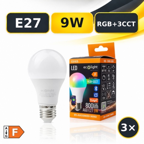 Zestaw 3 żarówek LED E27 ECO LIGHT EC61838 9W 800lm RGB+CCT — żarówka z opakowaniem i oznaczeniem 3×, klasa F