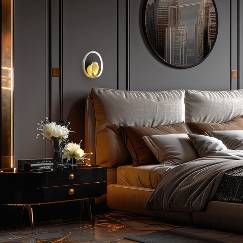 LUCERO GOLD w eleganckiej sypialni przy łóżku