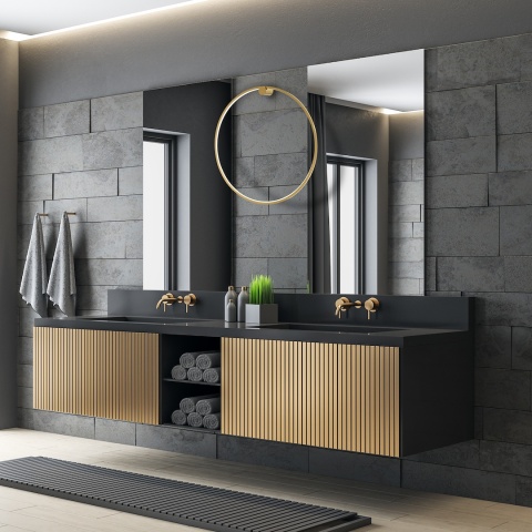 Kinkiet SATURNO GOLD LED 46W - aranżacja okrągłej lampy przy lustrach i umywalkach