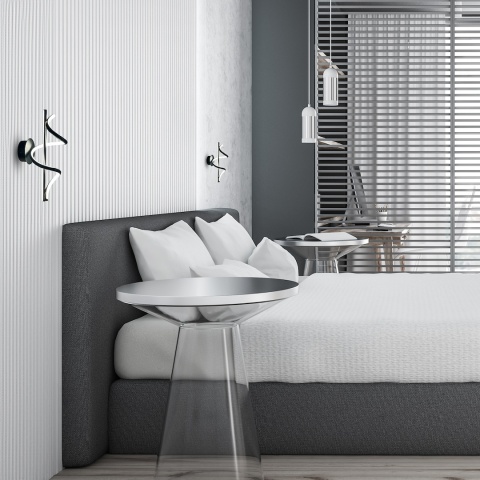 Kinkiet TWIST czarny LED 12W - dwa kinkiety przy łóżku w szarej sypialni