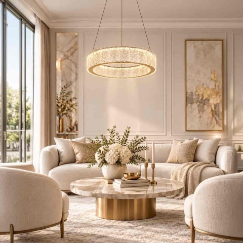 Lampa KINGDOM 24W nad stolikiem w eleganckim salonie